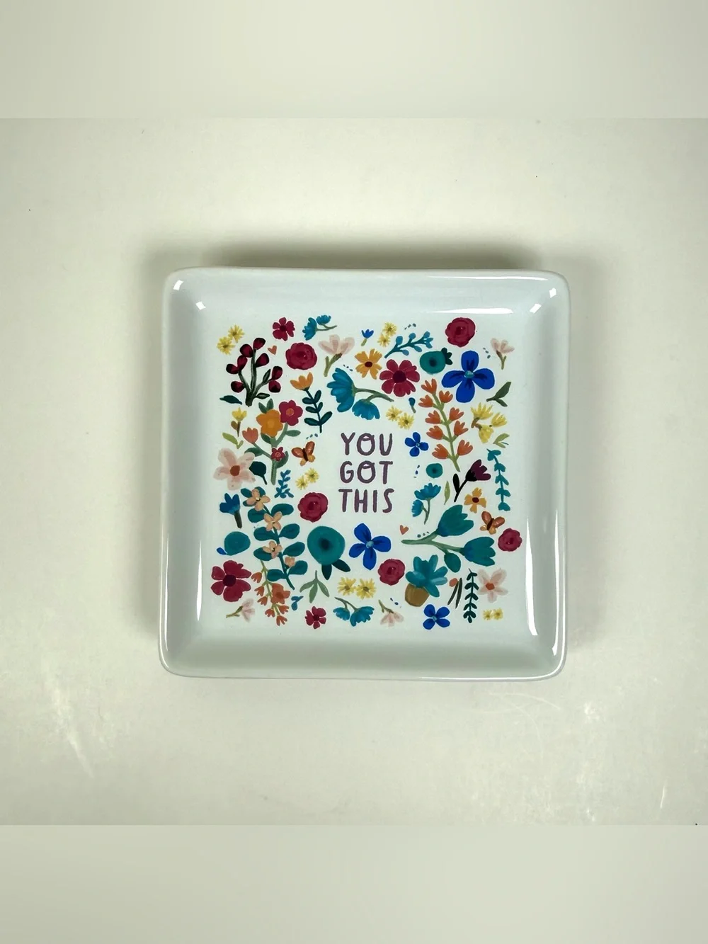 Primitives by Kathy Square “You Got This” Ceramic Floral Vanity Jewelry Tray NWT